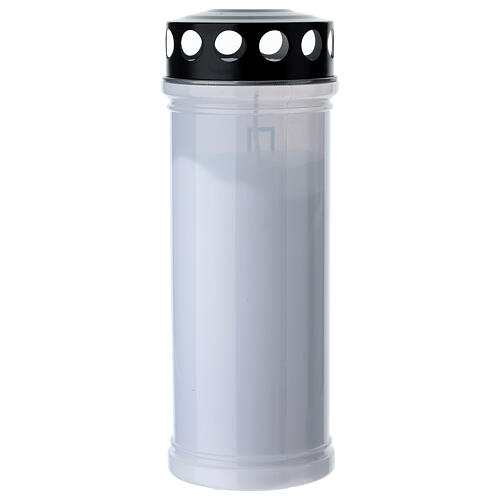 White votive paraffin candle with black cross rain cover 3