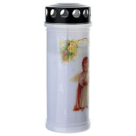 White paraffin votive candle with black rain cover, Angel design
