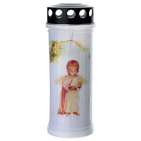 Vela votiva de parafina blanca con protector de lluvia negro Ángel