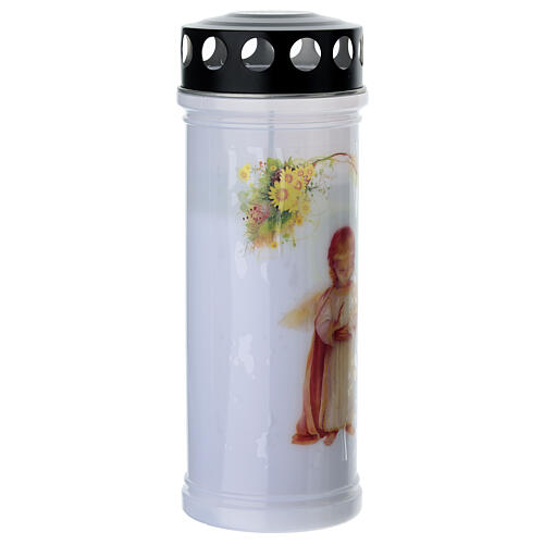 Vela votiva de parafina blanca con protector de lluvia negro Ángel 2