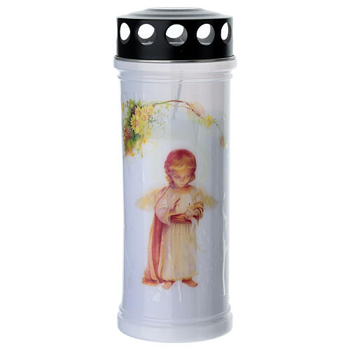 White votive candle with angel and black rain cover 1