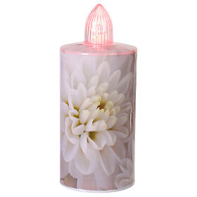 Electric votive candle with pink floral print, steady red light for 60 days