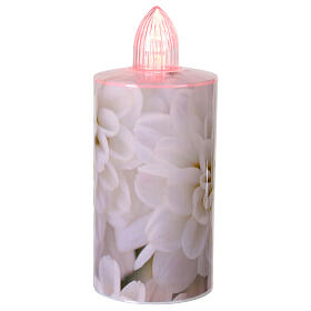 Electric votive candle with pink floral print, steady red light for 60 days