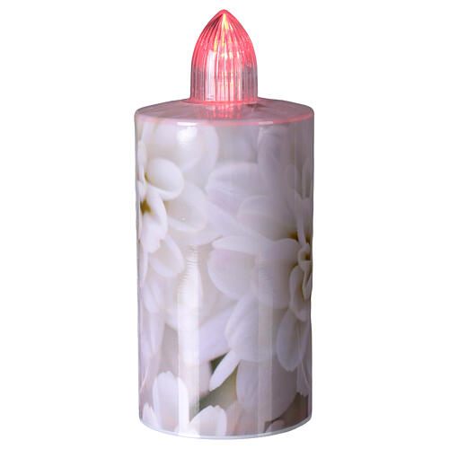 Electric votive candle with floral print, white background, steady red light for 60 days 1