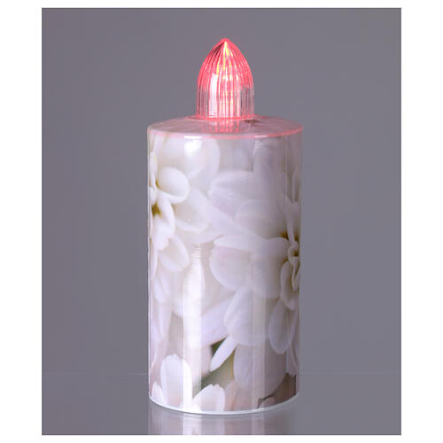 Electric votive candle with floral print, white background, steady red light for 60 days 2