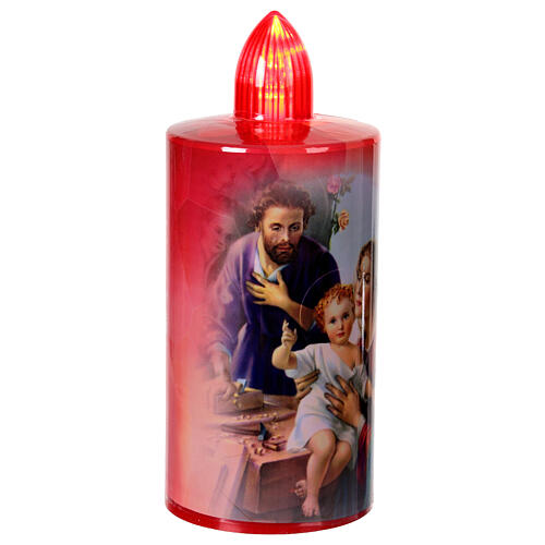 Red votive candle with Holy Family print, 60-day steady red light, disposable 3