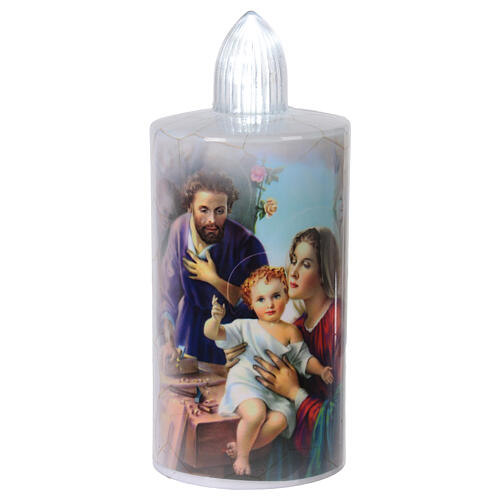 White votive candle with Holy Family print, steady white light for 60 days, disposable 1