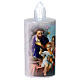 White votive candle with Holy Family print, steady white light for 60 days, disposable s3