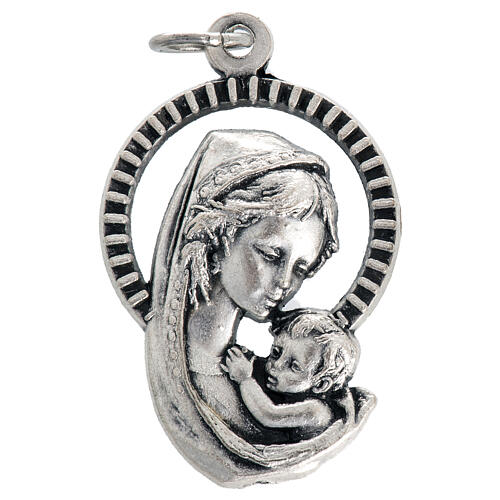 Our Lady and baby, medal in oxidised steel 26mm 1