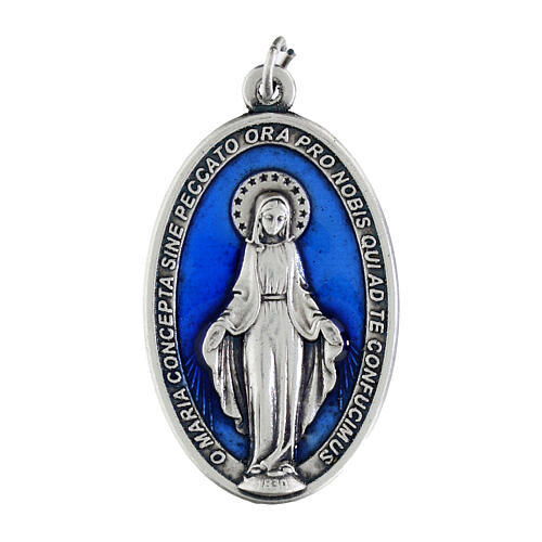 Miraculous Medal, oval in silver metal blue enamel H4cm 1