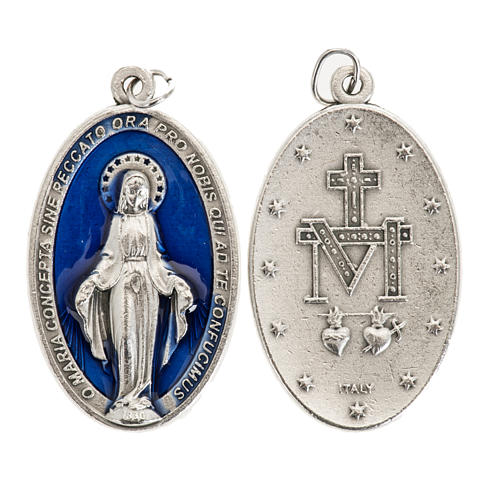 Miraculous Medal, oval in silver metal blue enamel H4cm 1