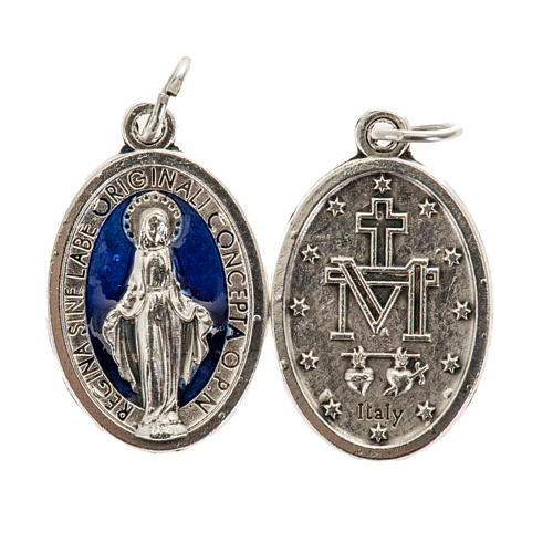 Medaille Wundertätige Madonna oval Silbermetall blaues Email 21mm groß 1