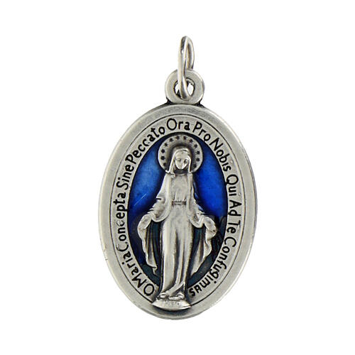 Miraculous Medal, oval in metal and blue enamel H21mm 1