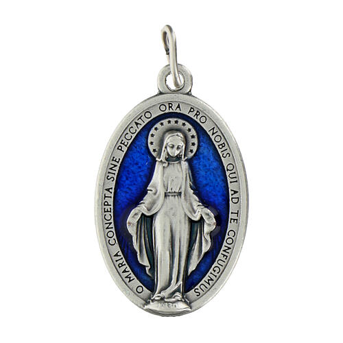 Medaille Wundertätige Madonna oval blaues Email Silbermetall 30mm groß 1