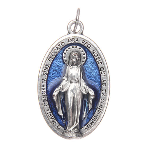 Miraculous Medal, oval in metal and blue enamel H30mm 1