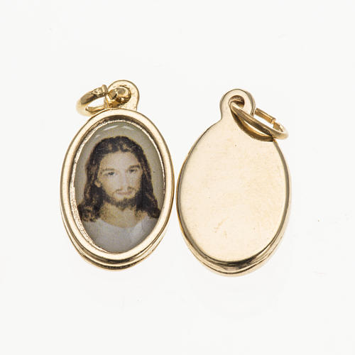 Medalha Jesus rosto metal dourado e resina 1,5x1 cm 1