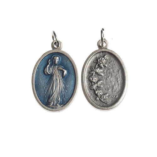 Barmherzige Medaille oval galvanisch antikes Silber Email hellblau 1