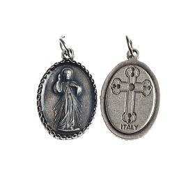 Medalha Cristo Misericordioso oval borda decorada zamak prata antiga esmalte azul
