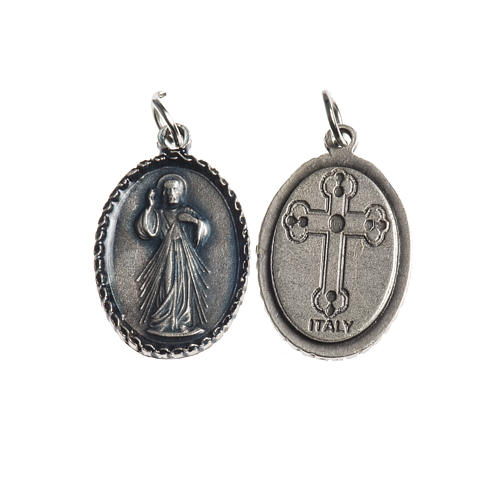 Medalha Cristo Misericordioso oval borda decorada zamak prata antiga esmalte azul 1