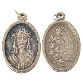 Medalha Ecce Homo oval zamak prata antiga esmalte azul