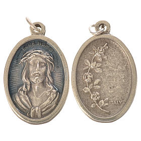 Medalha Ecce Homo oval zamak prata antiga esmalte azul