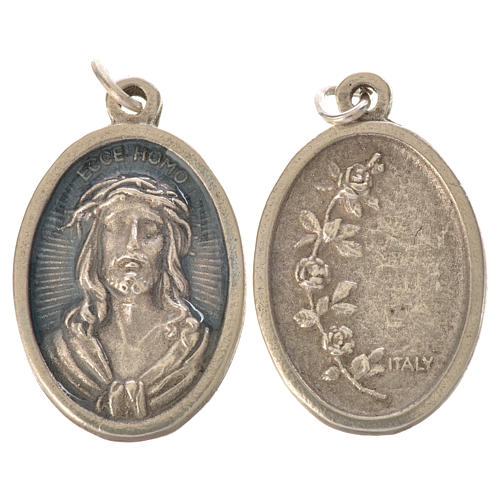 Medalha Ecce Homo oval zamak prata antiga esmalte azul 2