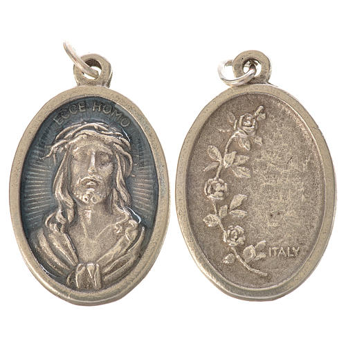 Medalha Ecce Homo oval zamak prata antiga esmalte azul 1