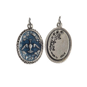 Medalha Espírito Santo oval borda decorada zamak prata antiga esmalte azul