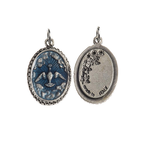 Medalha Espírito Santo oval borda decorada zamak prata antiga esmalte azul 1