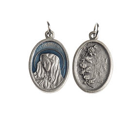 Medalha Mater Dolorosa oval zamak prata antiga esmalte azul