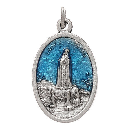 Medalha Fátima oval zamak prata antiga esmalte azul 1