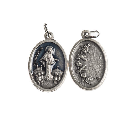 Medalha Medjugorje oval zamak prata antiga esmalte azul 1