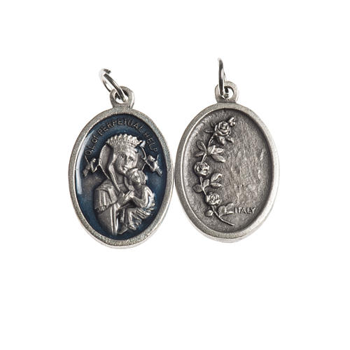 Medalha Perpétuo Socorro oval zamak prata antiga esmalte azul 1