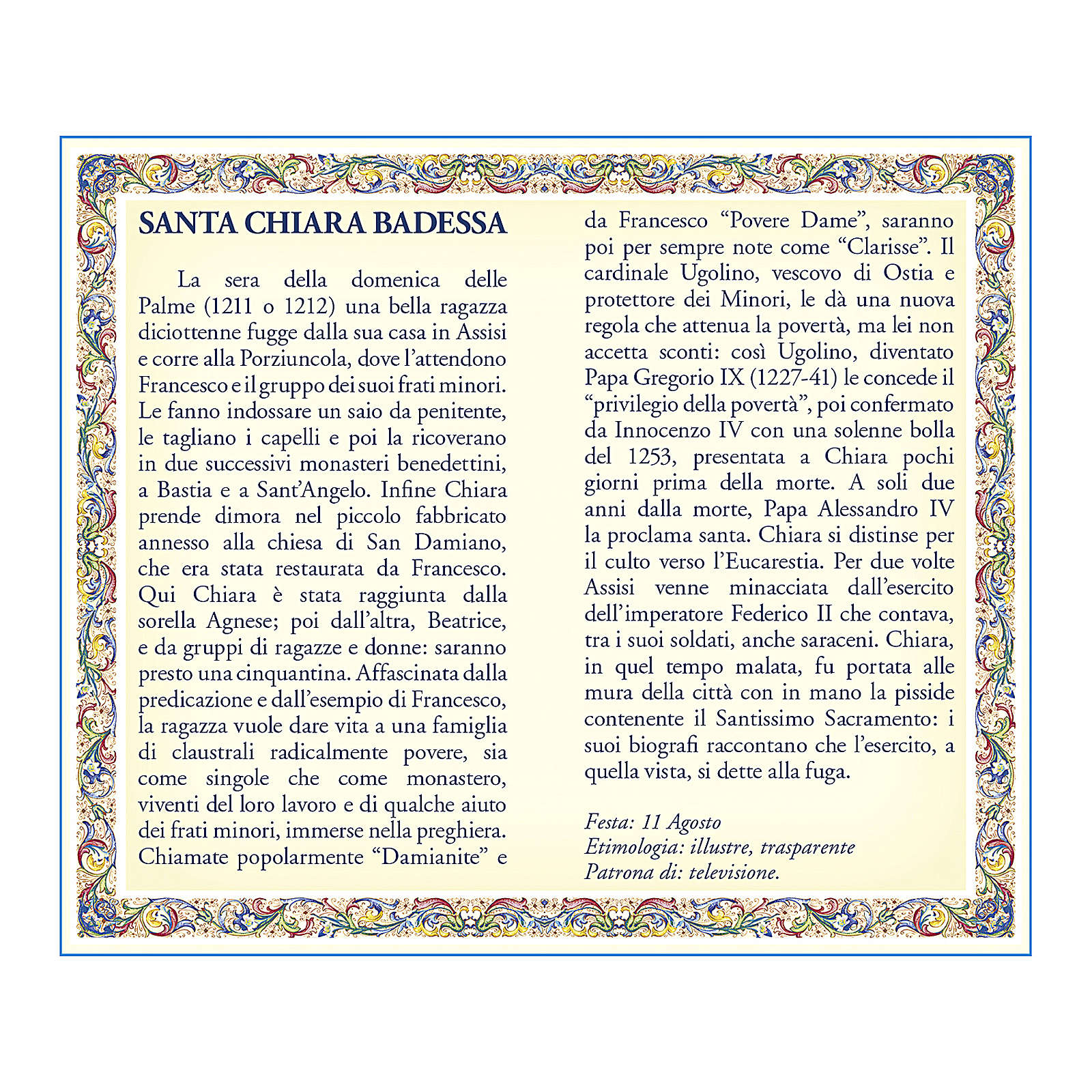 Médaille Chaîne Carte Ste Claire prière