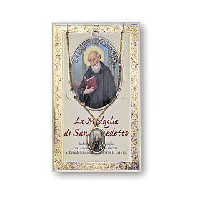 Saint Benedict medal with chain and card with prayer in ITALIAN