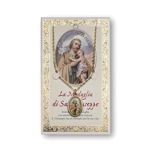 Medaille mit kleiner Kette und Karton von Sankt Joseph mit Gebet ITA 1