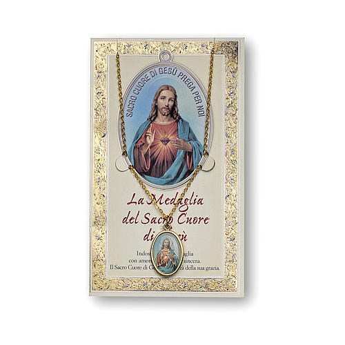 The Sacred Heart of Jesus medal with chain and card with prayer in ITALIAN 1