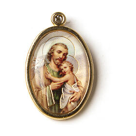 Goldfarbene Medaille mit Kunstharz-Bild von Sankt Joseph