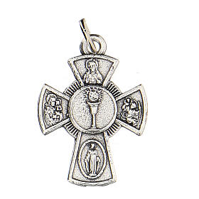 Kleine Medaille aus Metall in Form von Kreuz mit Symbol der Kommunion, 2 cm