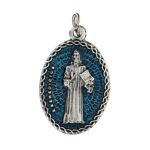 Saint Benedict on oval medal, light blue, 1.5 cm, zamak 1