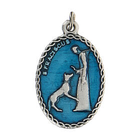 Ovale hellblaue Medaille vom Heiligen Franz von Assisi mit dem wolf, 2,5 cm