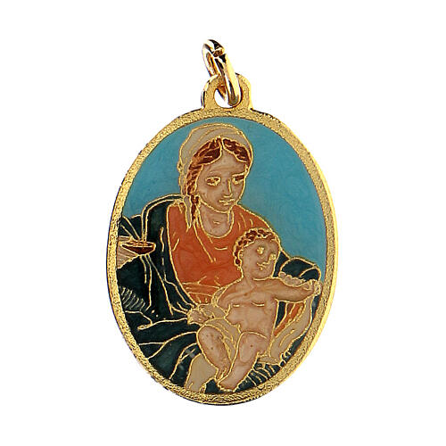 Medalik Madonna z Dzieciątkiem turkusowe tło 1
