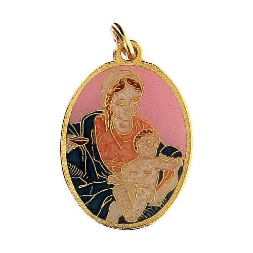 Pingente esmaltado Nossa Senhora com Menino Jesus fundo cor-de-rosa 1