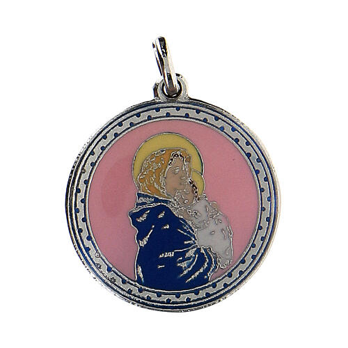 Medalik różowe tło Madonna z Dzieciątkiem 1