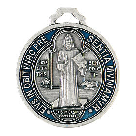 Medal of St. Benedict, 4.5 cm, silver-plated zamak and blue enamel