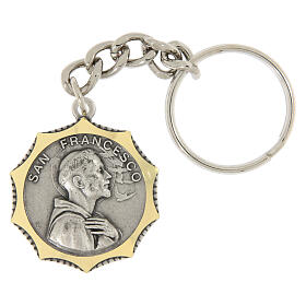 Porte-clé décagonal en laiton or argent Saint François 32 mm