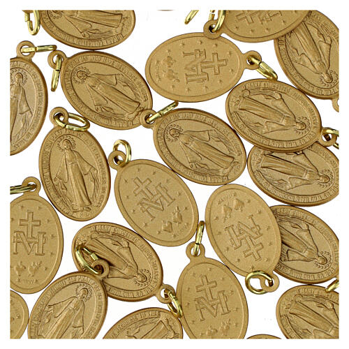 Matte gold aluminum Miraculous Medal, English, 0.7 in, pack of 100 3