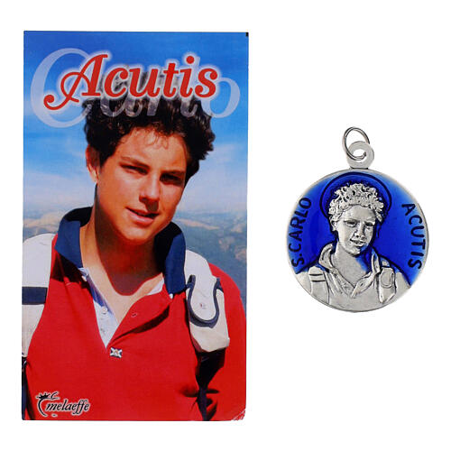 Medaille „Carlo Acutis“, 30 mm, blau emaillierter Hintergrund, mit Gebet 1
