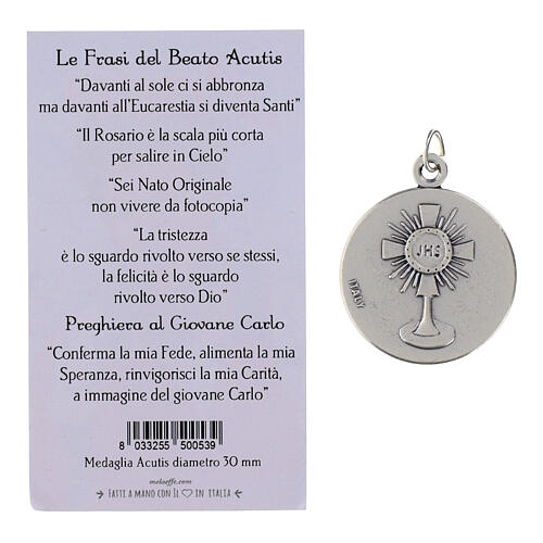 Medalla fondo esmaltado azul Santo Carlo Acutis 30 mm con oración 4