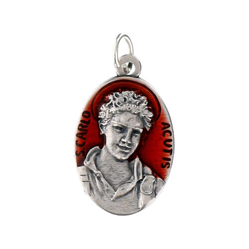 Oval Carlo Acutis Medal, 2.5x1.5 cm, Red Enamel Background 2